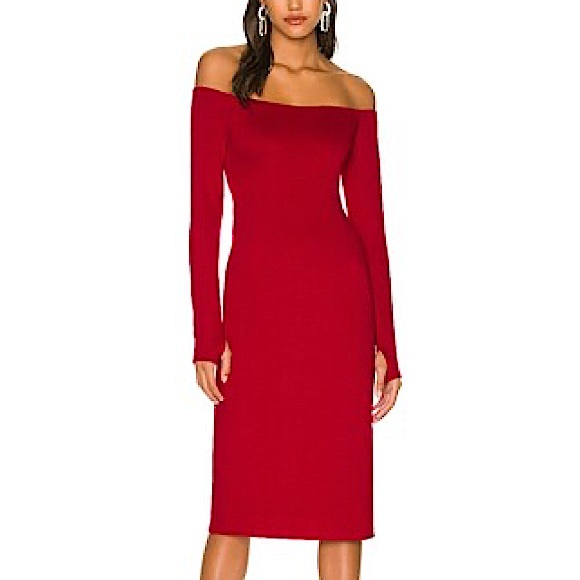 NWT Alice and Olivia Red Dorinda Off The Shoulder Deep Ruby Bodycon Midi Dress - Picture 3 of 10